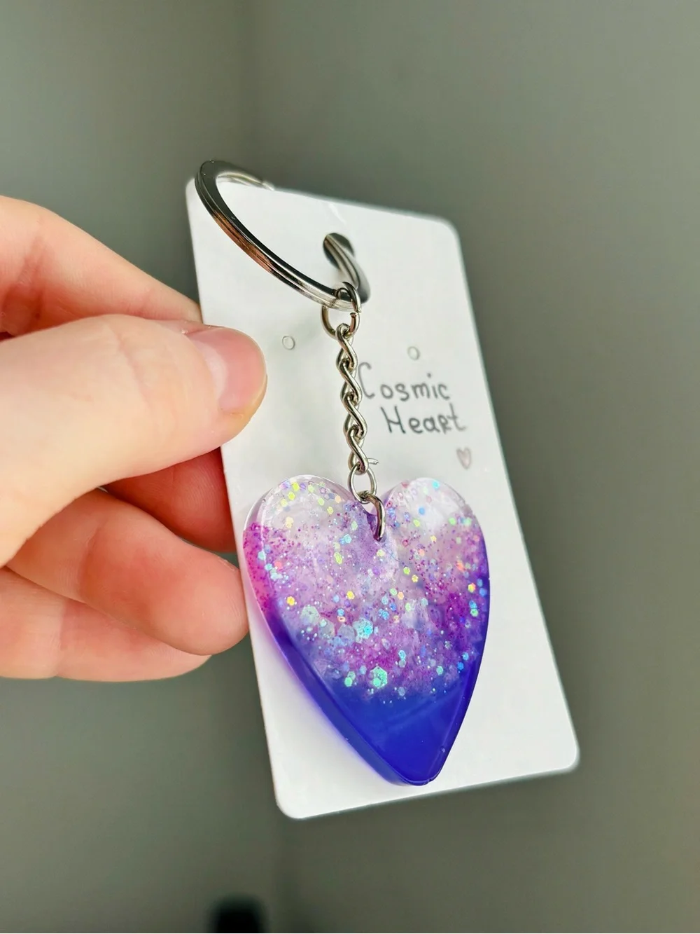 Cosmic Heart Resin Heart Keychain Handmade Purple Pink Glitter Galaxy Bag Charm